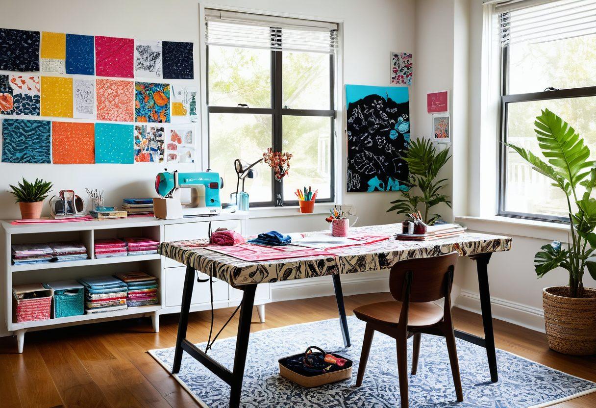 A creative workspace featuring sketches of swimwear designs on a bright table, vibrant fabrics of various colors and textures scattered around, a sewing machine in the background, and sun-drenched windows allowing natural light to flood the room. A vision board pinned with inspirational swimwear images and beach scenes is on the wall. 3D. vibrant colors. bright lighting.