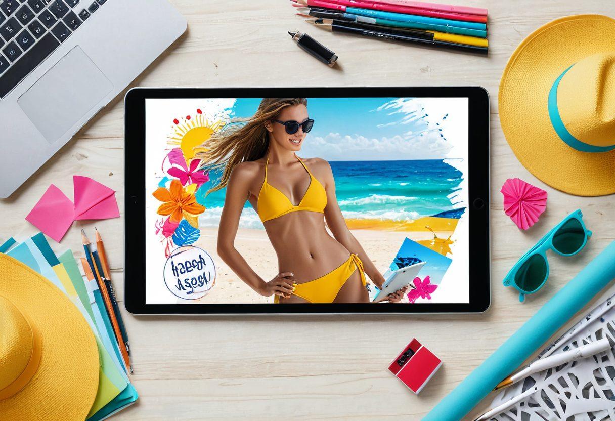 A colorful beach scene showcasing a stylishly designed bikini on a digital tablet, surrounded by design elements like sketches and color swatches. In the background, a sunny ocean view enhances the summer vibes, while a creative workspace highlights the use of 3D design software. The overall atmosphere should feel vibrant and inviting, perfect for summer fashion inspiration. 3D, vibrant colors, super-realistic.